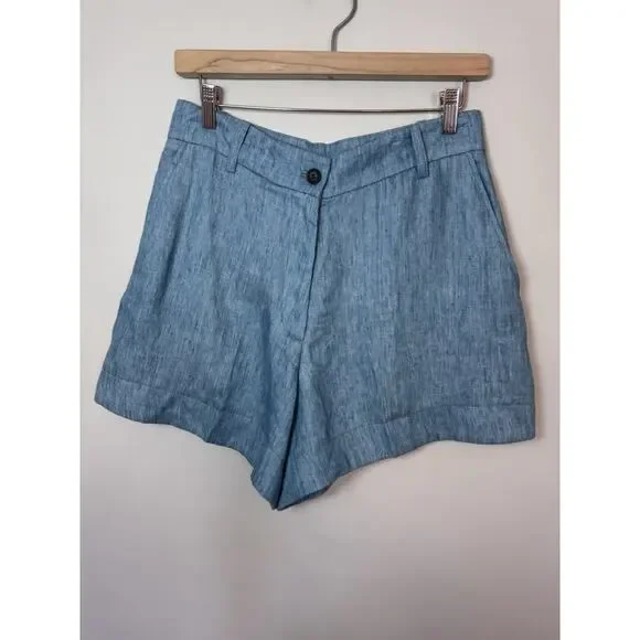 VANESSA BRUNO Nixia Linen Shorts High Waisted Blue Sz 40 US Sz 8 NWT $345